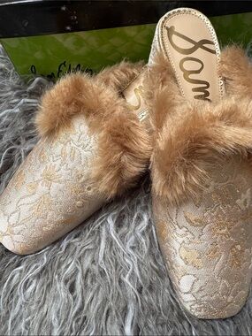 Sam Edelman Beige Brocade Mule with Faux Fur Trim